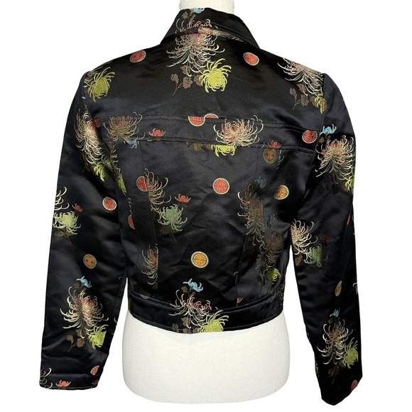Night Lights Oriental Floral Print Jacket Cropped Silk Blend Black Womens Size 4 - Picture 3 of 9